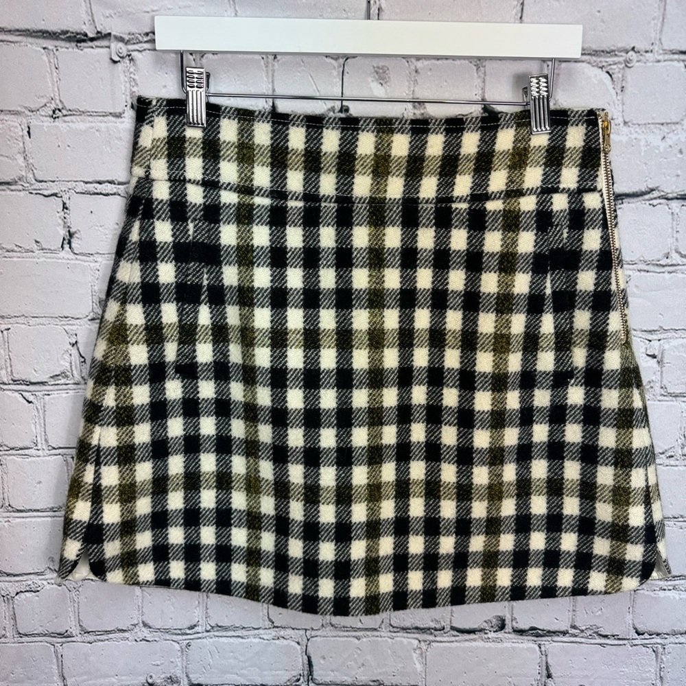 J. Crew 100% Wool Gingham Plaid Black Cream Yellow Mini Skirt Preppy Size 10